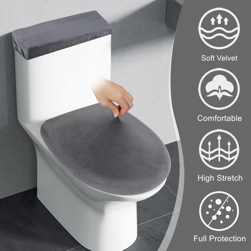 AZHCHKE Stretch Velvet Toilet Lid Cover and Toilet Tank Lid Cover  Bathroom Super Soft Toilet Lid Cover Set Luxury Velvet Plush  with Elastic Bottom  Machine Wash  Dark Grey - Image 2